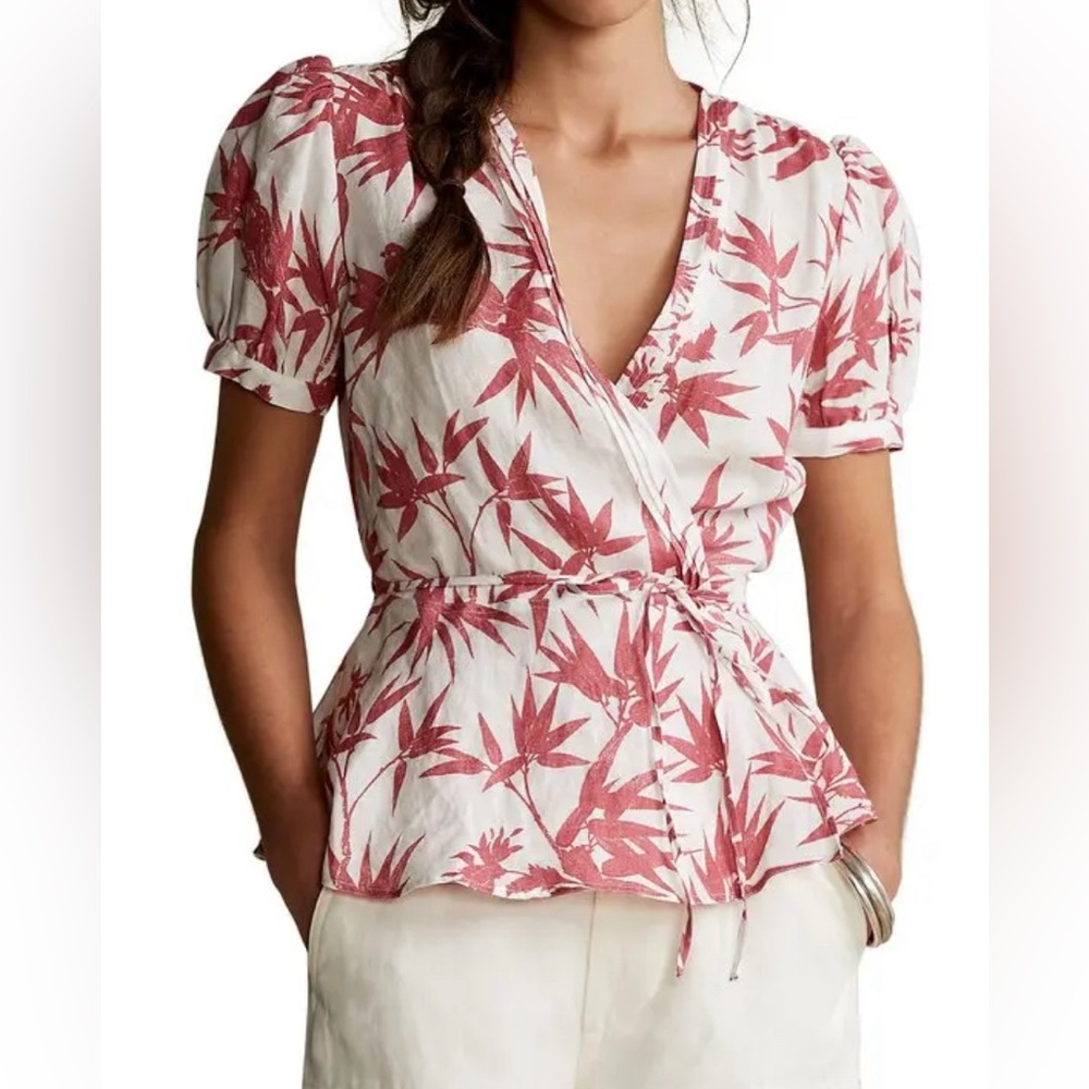 NWT Polo by Ralph Lauren White Wrap Top with Dusty Rose Leaf Print